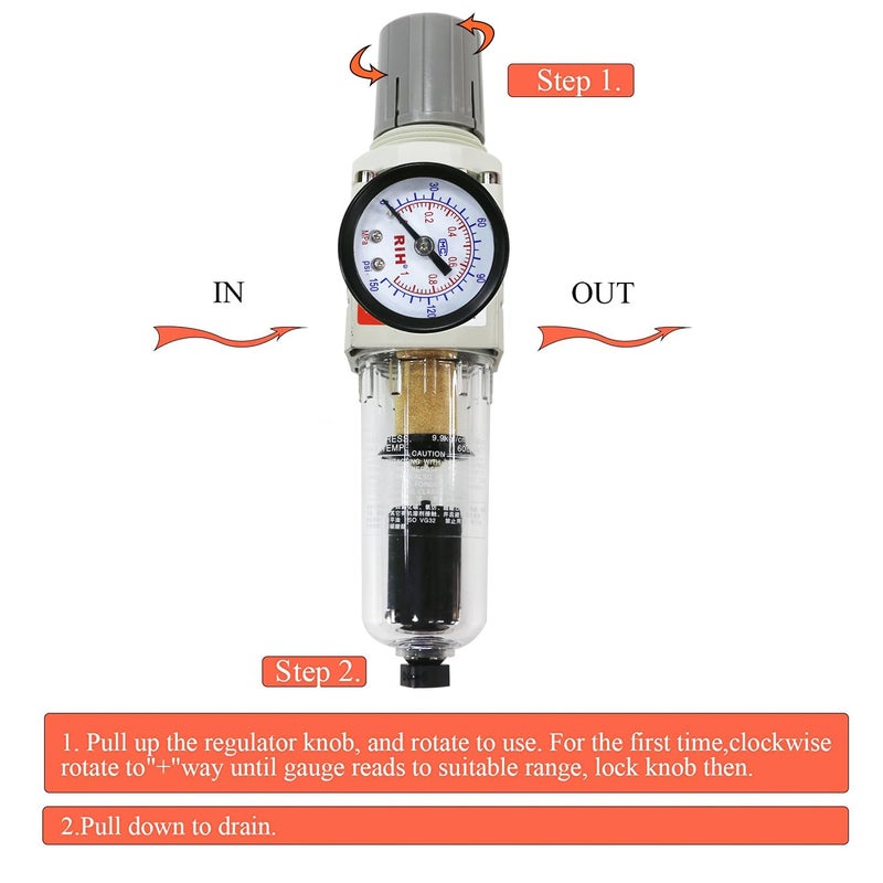 RH 1/4" NPT Auto Drain Compressed Air Filter Regulator Combo Piggyback, 5 Micron Brass Element, Poly Bowl, Metal Bracket, 0-150 psi Gauge Air Tool Compressor Filter with Gauge (1/4" NPT) - Image 5